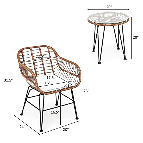 Tangkula 3 Pieces Patio Conversation Bistro Set, Outdoor Wicker Furniture w/Round Tempered Glass Top Table & 2 Rattan Armchairs, Bistro Chat Set w/Seat Cushions for Porch, Backyard, Garden - WoodArtSupply