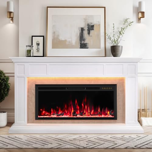 Electric Fireplace Mantel with Grey Marble Finish, 69” Fireplace TV Stand with 42”Electric Fireplace Heater, Remote Control, Adjustable Led Flame, Corner Fireplace for Living Room, Bedroom, White Eshoma