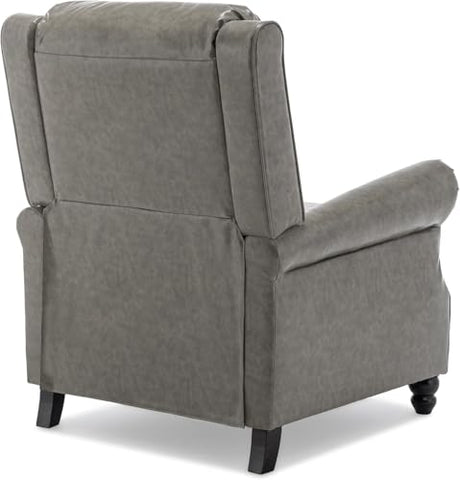 Pushback Recliner Chair, Faux Leather Wingback Recliner Chair, Upholstered Armchair Push Back Recliner with Wood Legs, Rivet Trim Single Sofa Accent Chair for Living Room, Bedroom, Gray Qatiby