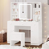 IRONCK Vanity Desk Set with Large LED Lighted Mirror & Power Outlet, 7 Drawers Vanities Dressing Makeup Table with Storage Bench, for Bedroom, Industrial Style White IRONCK