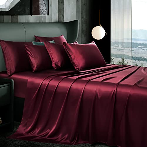Manyshofu 7Pcs Burgundy Satin Sheets California King Silky Satin Bed Sheets Set, Luxurious & Soft Bedding Set - 1 Fitted Sheet, 1 Flat Sheet, 4 Pillowcases + 1 Body Pillow case Manyshofu