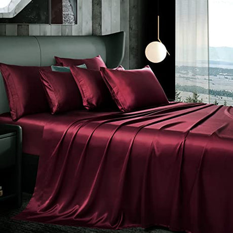 Manyshofu 7Pcs Burgundy Satin Sheets Queen Size Silky Satin Bed Sheets Set, Luxurious & Soft Bedding Set - 1 Fitted Sheet, 1 Flat Sheet, 4 Pillowcases + 1 Body Pillow case Manyshofu