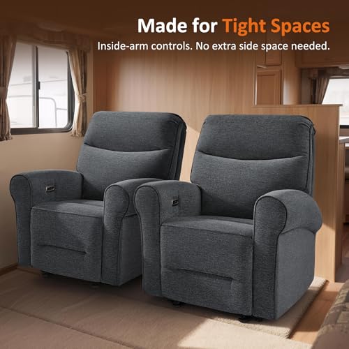 MCombo Compact Wall Hugger Power Recliner Chair for Small Spaces, Dual USB-A/C Ports, Rolled Arm Recliner for Living Room & RV, Fabric PR520 (Fabric, Dark Grey, Small)
