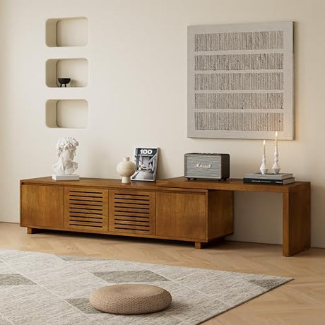 LUMISOL Extendable TV Stand for Living Room, Media Extendable Console TV Table for TVs up to 75” Farmhouse Entertainment Cabinet with Doors and Adjustable Shelves, Brown Ebony LUMISOL