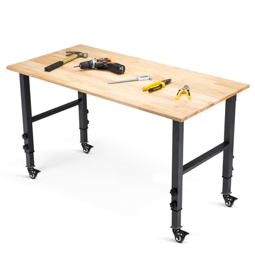 OLBRUS 48 "Adjustable Wheels Workbench, Heavy Duty 2000 LBS Load Capacity Hardwood Workbench Suitable for Workshop, Office, Garage, Home (Metal Wheels丨No Power Outlets 48"x24") OLBRUS