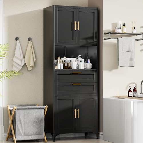 ZLBRDS 75” Tall Kitchen Pantry Storage Cabinet, Metal Storage Cabinet with 2 Drawers and Adjustable Shelves, Kitchen Pantry Cupboard, Freestanding Cupboard for Bathroom, Living Room(Black) ZLBRDS