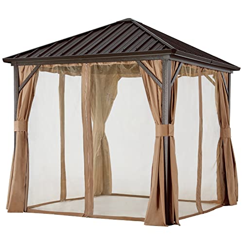 ABCCANOPY Hardtop Gazebo 8x8 - Outdoor Metal Hard Top Gazebo, Permanent Galvanized Steel Aluminum Framed Pavilion with Netting and Curtain for Patio Backyard Lawn Garden (Double Roof, Khaki)