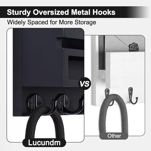 Lucundm Key and Mail Holder Wall Mount, Key Hanger with Long Storage Box and 5 Hooks for Coat, Dog Leash, Home Decor Rack, House Accessories, Entry Way Organizer 11.8”W x 7.8”H x 3.2”D