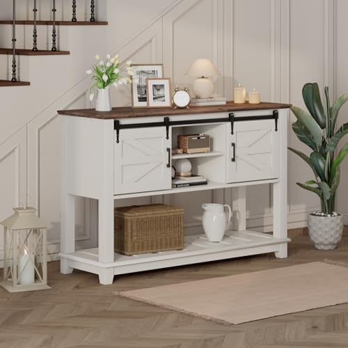 LUXOAK Farmhouse Entryway Table with Sliding Barn Doors, 46" Sofa Table for Living Room, Console Table with Storage Hallway Entrance Table, Antique White LUXOAK