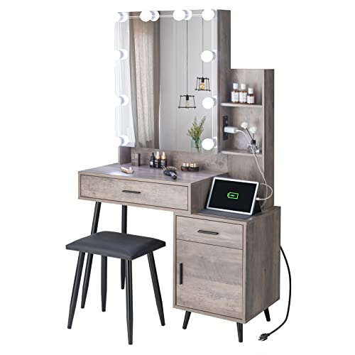 VINGLI Vanity Desk with Sliding Mirror & Lights & Charging Station & Drawers & Shelves & Door, Farmhouse Modern Makeup Vanity Set with Stool (Rustic Gray, 39'' x 16'' x 63'', Bench Included) VINGLI