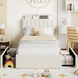 IDEALHOUSE Twin Bed Frame for Kids, Boucle Upholstered Platform Bed for Boys/Girls with 2 Flexible Drawers, Bookcase Headboard, Noise-Free, Easy Assembly, No Box Spring Needed, Beige IDEALHOUSE