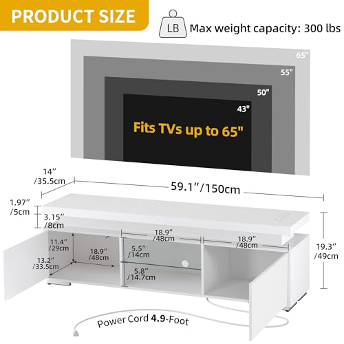 DWVO LED TV Stand for 65 inch TV w/Power Outlet, TV Stands for Living Room, Entertainment Center with Storage, Modern Television Stand, Gaming Media Stand White