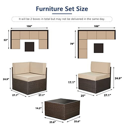 U-MAX 7 Piece Outdoor Patio Furniture Set, PE Rattan Wicker Sofa Set, Outdoor Sectional Furniture Chair Set with Cushions and Tea Table, Brown - WoodArtSupply