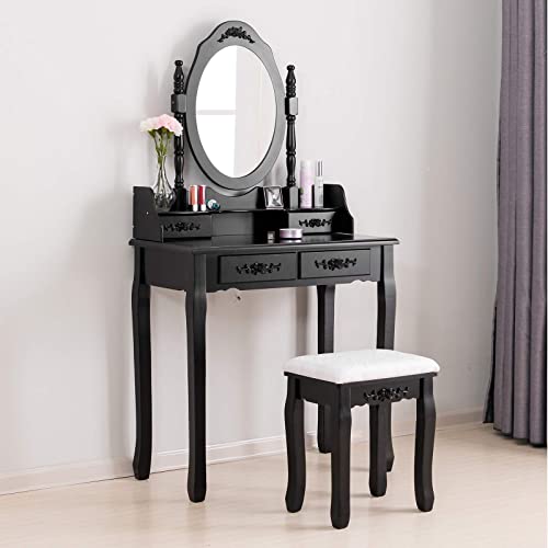 Mecor Vanity Table,Makeup Dressing Table with Oval Mirror,Bedroom Vanity Set w/Cushioned Stool 4 Drawers Women Girls Kids Black mecor