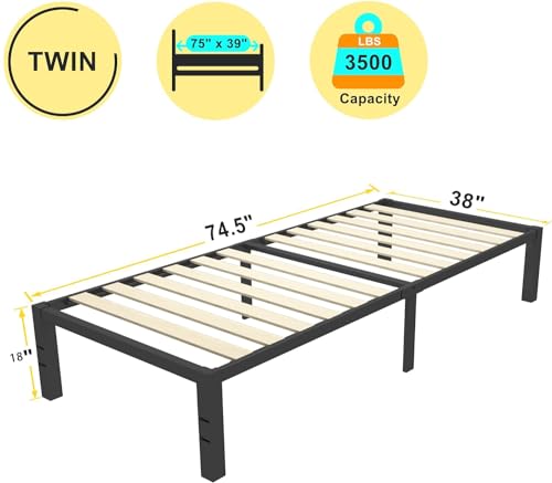 ROIL 18 inch Twin Size Bed Frames with Wide Wood Slats - 3500lbs Heavy Duty No Box Spring Needed Platform, Mattress Stoppers Single Metal Noise Free, Headboard Hole Underneath Storage ROIL