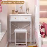 X-cosrack Small Makeup Vanity Desk with Mirror & Chair, Mini Vanity Desk Table Set with Fabric Storage Drawer, 19.7" Compact Vanity Desk for Girls, Dressing Table with Chair for Bedroom, White X-cosrack