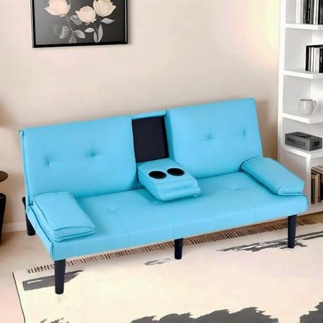 67"Modern Futon Sofa Bed,Convertible 3 in 1 Sleeper Bed Couches with Adjustable Backrest,Cup Holders,Comfy PU Leather Recliner Sofa Loveseat with Chrome Legs for Small Home Living Room (Blue) Majnesvon