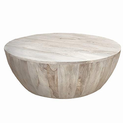 The Urban Port 12-Inch Height Round Mango Wood Coffee Table, Subtle Grains, Distressed White - WoodArtSupply