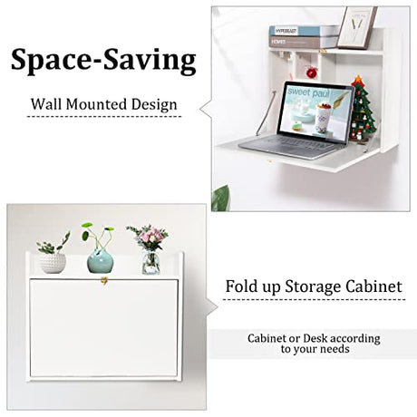 YUSING Wall Mounted Table, Multifunctional Fold Down Wall Mounted Laptop Computer Desk with Storage Compartments for Home, Office, White YU YUSING