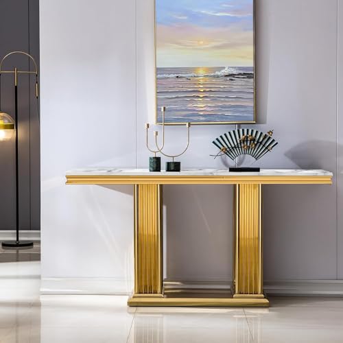 Goderfuu 47" White Marble Console Table, Rectangular Faux Marble Sofa Table, Luxury Entryway Narrow Long Hallway, Modern Living Room With Gold Stainless Steel I-Base Goderfuu