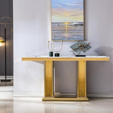 Goderfuu 47" White Marble Console Table, Rectangular Faux Marble Sofa Table, Luxury Entryway Narrow Long Hallway, Modern Living Room With Gold Stainless Steel I-Base Goderfuu