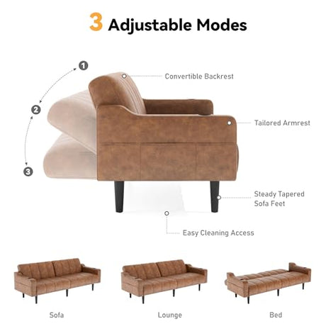 Amerimores Futon Sofa Bed, 80" Faux Leather Couch, Sleeper Sofa Bed with Adjustable Backrest& Storage, Mid Century Modern Loveseat Couch for Living Room, Bedroom and Small Spaces, Brown Amerimores