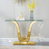 Henf Luxury Gold Glass Console Table Modern 47" Rectangular Slim Entryway Table with Mirror Finish Stainless Steel Base and Clear Glass Top for Living Room Hallway Corridor Entrance Table (Gold) Henf