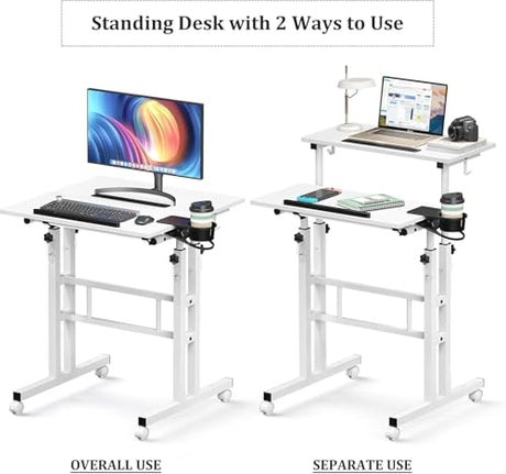 Simple Deluxe Split Top Rotating Standing Desk on Wheels – 23.6" Manual Adjustable Height Mobile Laptop Computer Table – Sit Stand Rolling Workstation with Tilt Function – White Simple Deluxe