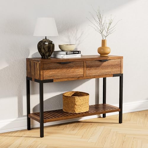 Bme Millie 2 Drawers Industrial Style-Ideal for Entryway, Hallway, Living Room Easy Assembly, Console Table Rustic Chesnut Bme