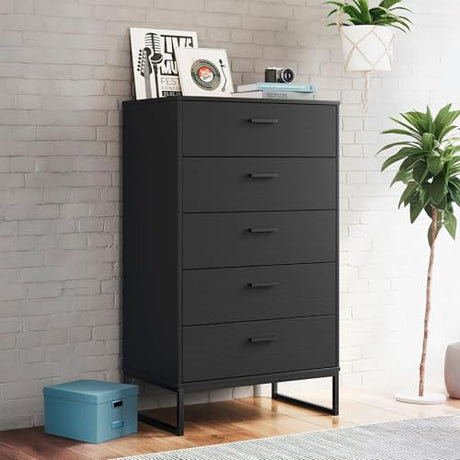 Signature Design by Ashley Socalle Casual Contemporary Chest of Drawers with Dark Pewter Hardware and Metal Legs, 5 Drawers, Wood, 50.67" High, Matte Black Signature Design by Ashley