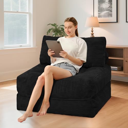 HABUTWAY Folding Sofa Bed, Convertible Sleeper Chair Bed w/Dual-Pillow & Handle, Foldable Floor Sofa Lounge w/Back Support for Living Room, Bedroom, Apartment, Office, Single, Black HABUTWAY