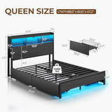 Rolanstar Queen Bed Frame with Storage Headboard & 4 Drawers, Metal Platform Bed with Charging Station, LED Single Bed with Side Shelf, No Box Spring Needed, Easy Assembly, Black Rolanstar