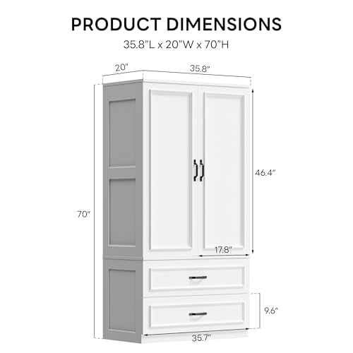 LIKIMIO Armoire Wardrobe Closet with 2 Doors and 2 Drawers 70" H x 36" W Wooden Bedroom Freestanding Wardrobe Combination for Hanging Clothes, White LIKIMIO