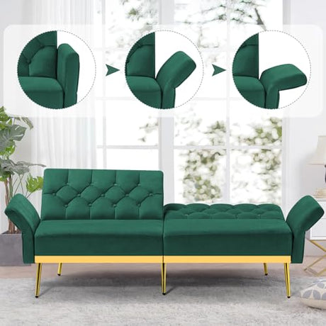 ACMEASE Velvet Futon Sofa Bed w/Adjustable Armrests & Backrests, Button Tufted Sleeper Couch, Modern Convertible Loveseat Sofa for Bedroom, Living Room, Apartment, Green ACMEASE