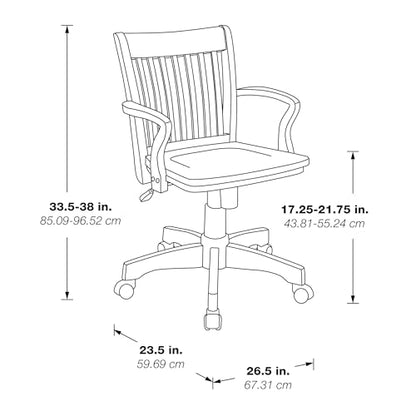 OSP Home Furnishings Deluxe Wood Banker's Desk Chair with Padded Seat, Adjustable Height and Locking Tilt, Fruitwood Finish and Black Vinyl - WoodArtSupply