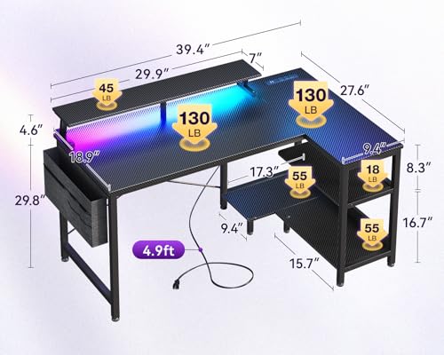 ODK 40 Inch Gaming Desk with USB Power Outlets and LED Lights, Reversible L Shaped Computer Desk with Storage Shelves & Monitor Stand, Corner Home Office Desk Table, Carbon Fiber Surface, Black ODK