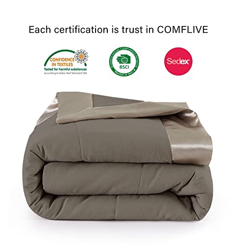 COMFLIVE Down Alternative Blanket with Satin Trim, Twin Size Lightweight Blanket for Bed- Spring Summer Comfort Soft - Moisture Absorption and Removal Treatment 68”x90” (Mocha, Twin) COMFLIVE