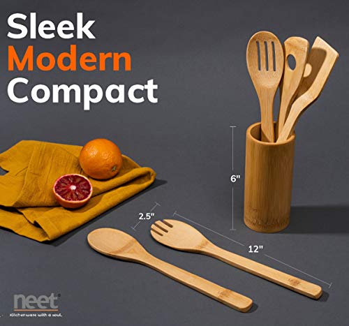 Neet Wooden Spoons For Cooking 6 Piece Organic Bamboo Utensil Set With Holder Wood Kitchen Utensils Spatula Spoon For High Heat Stirring In Nonstick Pots & Pans Quality Gift & Everyday Use NEET