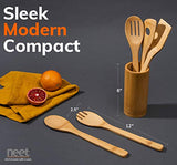 Neet Wooden Spoons For Cooking 6 Piece Organic Bamboo Utensil Set With Holder Wood Kitchen Utensils Spatula Spoon For High Heat Stirring In Nonstick Pots & Pans Quality Gift & Everyday Use NEET