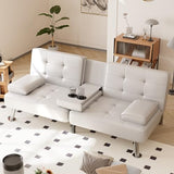 Shahoo Convertible Folding Futon Sofa Bed Sleeper Couch for Living Room Faux Leather Upholstered Loveseat w/Removable Armrests, Metal Legs, 2 Cup Holders, White Shahoo