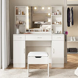 Vabches Makeup Vanity Table with Lighted Mirror & Power Strip, Large Vanity Set Vanity Desk with Storage Stool, 3 Lighting Modes, Brightness Adjustable, 45.2in(L) Vabches