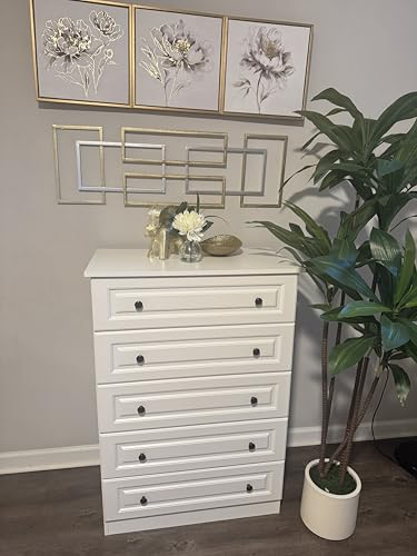 White 5-Drawer Tall Dresser with Wood Top, Modern Storage Tower for Bedroom, Closet, Living Room, Entryway, Hallway Seeday