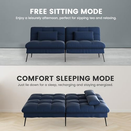 COMHOMA Convertible Futon Sofa Bed, 72″Fabric Futons Couch with Adjustable Backrest, Folding Sleeper Recliner for Living Room Furniture (Blue) COMHOMA