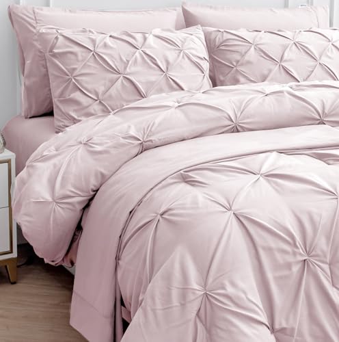 LANE LINEN Pink Full Comforter Set – 7 Piece - Pintuck Bed in a Bag - All-Season Full-Size Bedding with Comforter, Sheets, Pillowcases & Sham - Comfy, Perfect for College Dorms – Sepia Rose LANE LINEN