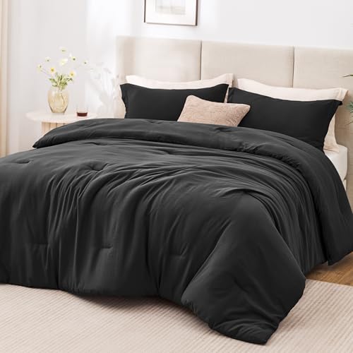 Love's cabin Black Full Comforter Set, 3-Piece Prewashed Bed Set with 1 Comforter (79 x 90 in) & 2 Pillowcases, Lightweight & Breathable for All Seasons Love's cabin