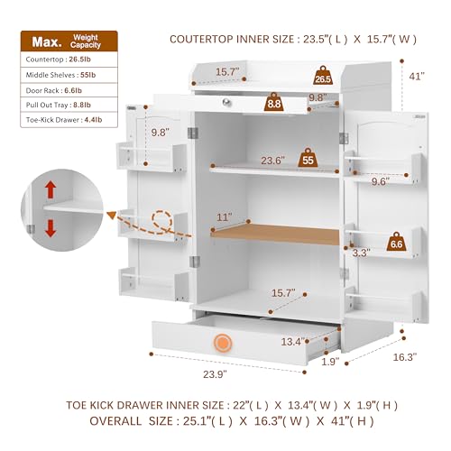 Furnaza 41" LED Kitchen Pantry Storage Cabinets - Buffet Microwave Cabinet with Countertop and Drawers, 2 Doors and Ajustable Shelves for Small Space in Dining or Living Room, White - WoodArtSupply