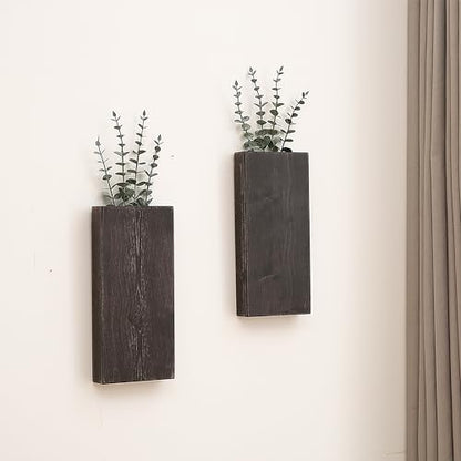 Wood Wall Planter Set of 2, Wood Wall Pocket for Greenery and Dried Flowers, Indoor Wood Hanging Vase Modern Farmhouse Wall Decor for Living Room Bedroom Office Eucalyptus Stems Decorations (Expresso)