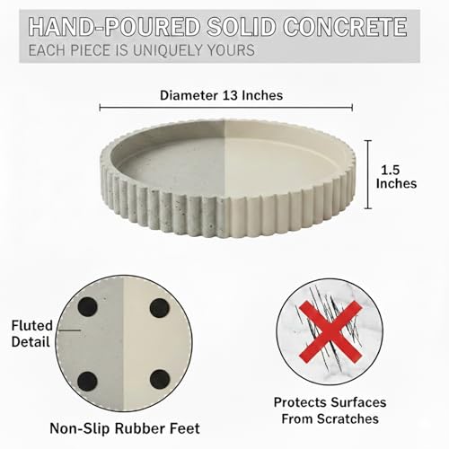 Wageso 13" Round Solid Concrete Decorative Tray - Heavy Duty Fluted Centerpiece for Coffee Table, Serving, Patio, Home Office & Entryway - Modern Home Decor Trays(Gray) Wageso