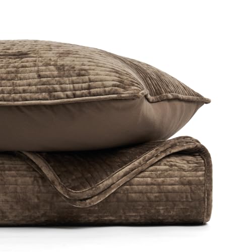 EVERGRACE Velvet Quilt Set King Size, Luxurious Soft Quilted Bedding Sets, Lightweight Velvet Comforter for All Season, Striped Channel Bedspread Coverlet with 2 Shams, Mushroom Brown EVERGRACE