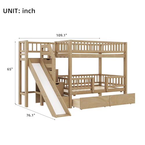 RUNNA Twin Over Twin Bunk Bed with Slide, Storage Drawers & Staircase, Solid Pine Wood Frame, No Box Spring Needed, Kids Bedroom Space-Saving Furniture (01-Walnut) RUNNA